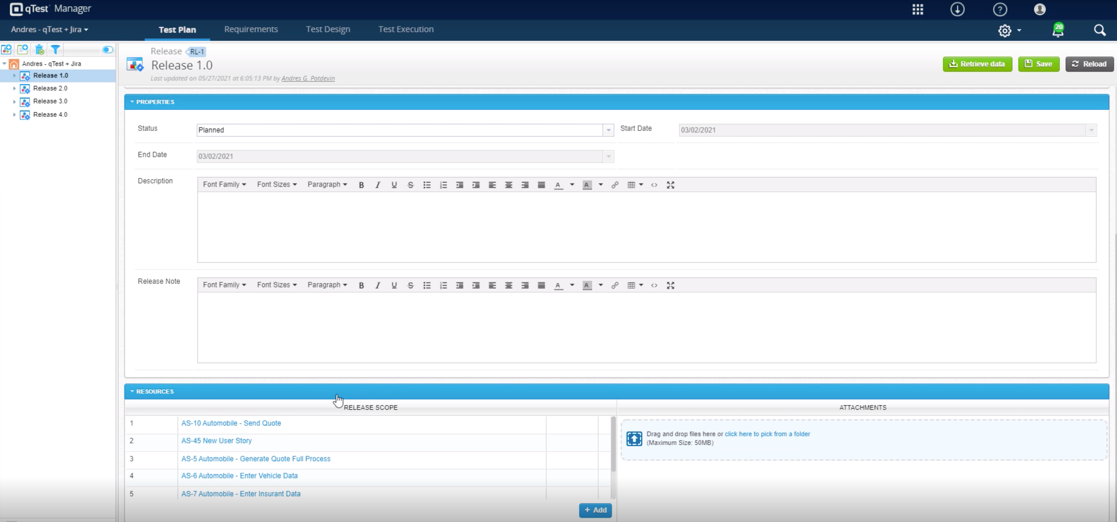 screenshot of Tricentis qTest